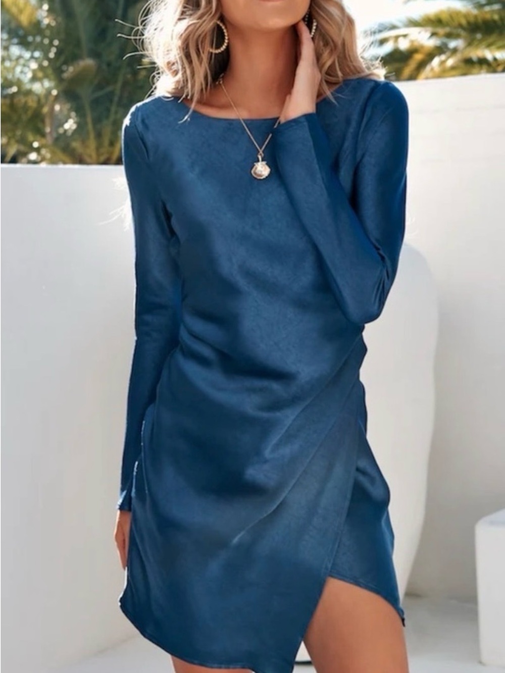 NWT Saints & Secrets Women's Blue Satin Long-Sleeve Backless Mini Dress, size XS